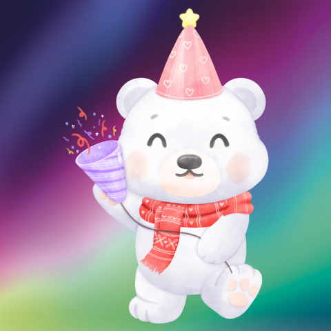 A picture of a polar bear in a party hat with a party popper against a faux northern lights background.