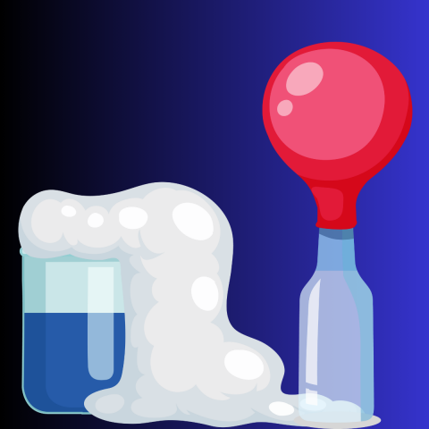 An image of a science experiment in a beaker causing foam to erupt from it and a balloon on the top of a bottle inflating from the experiment.