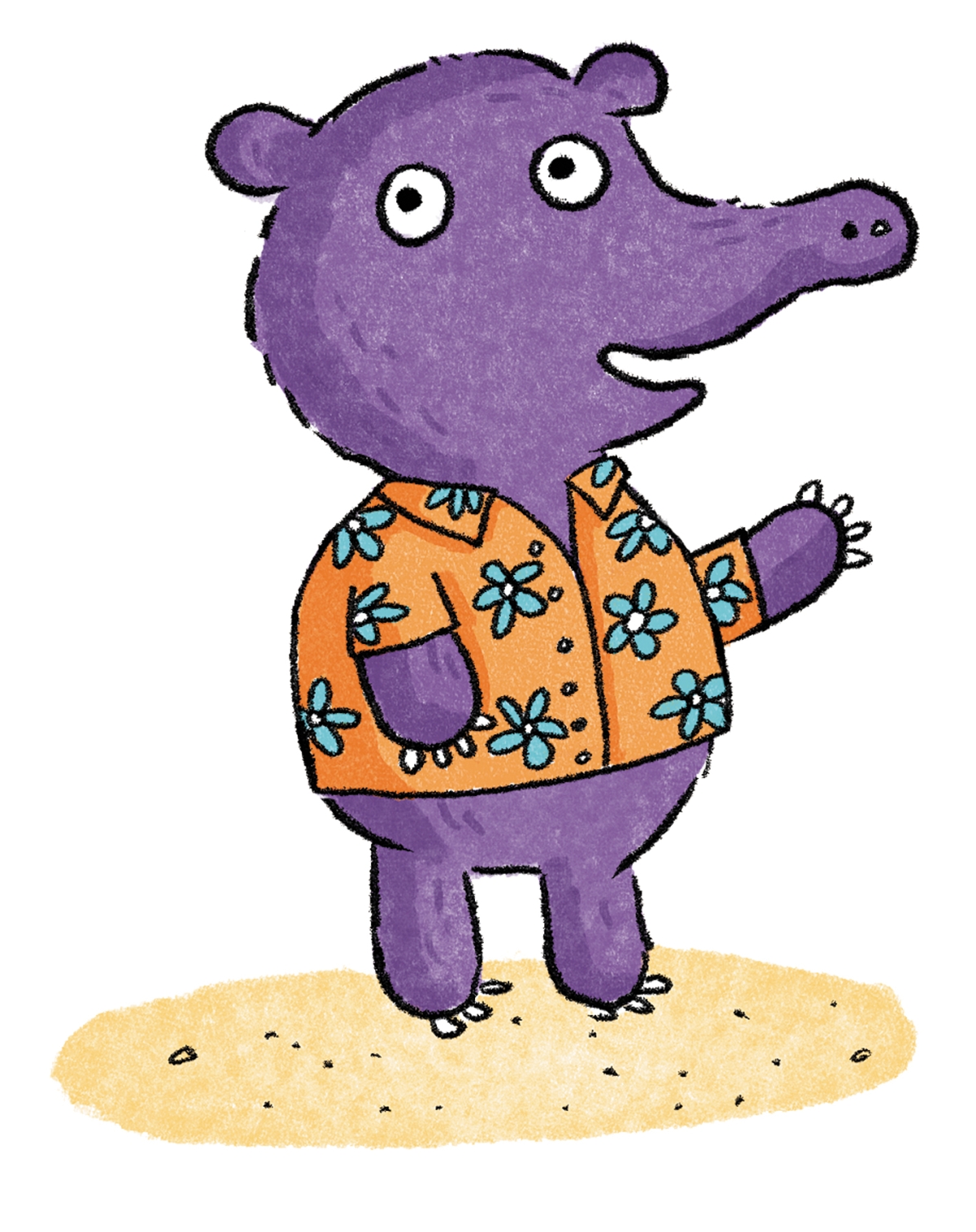 A cartoon illustration of a purple tapir standing on two legs, wearing a Hawaiian-print shirt.