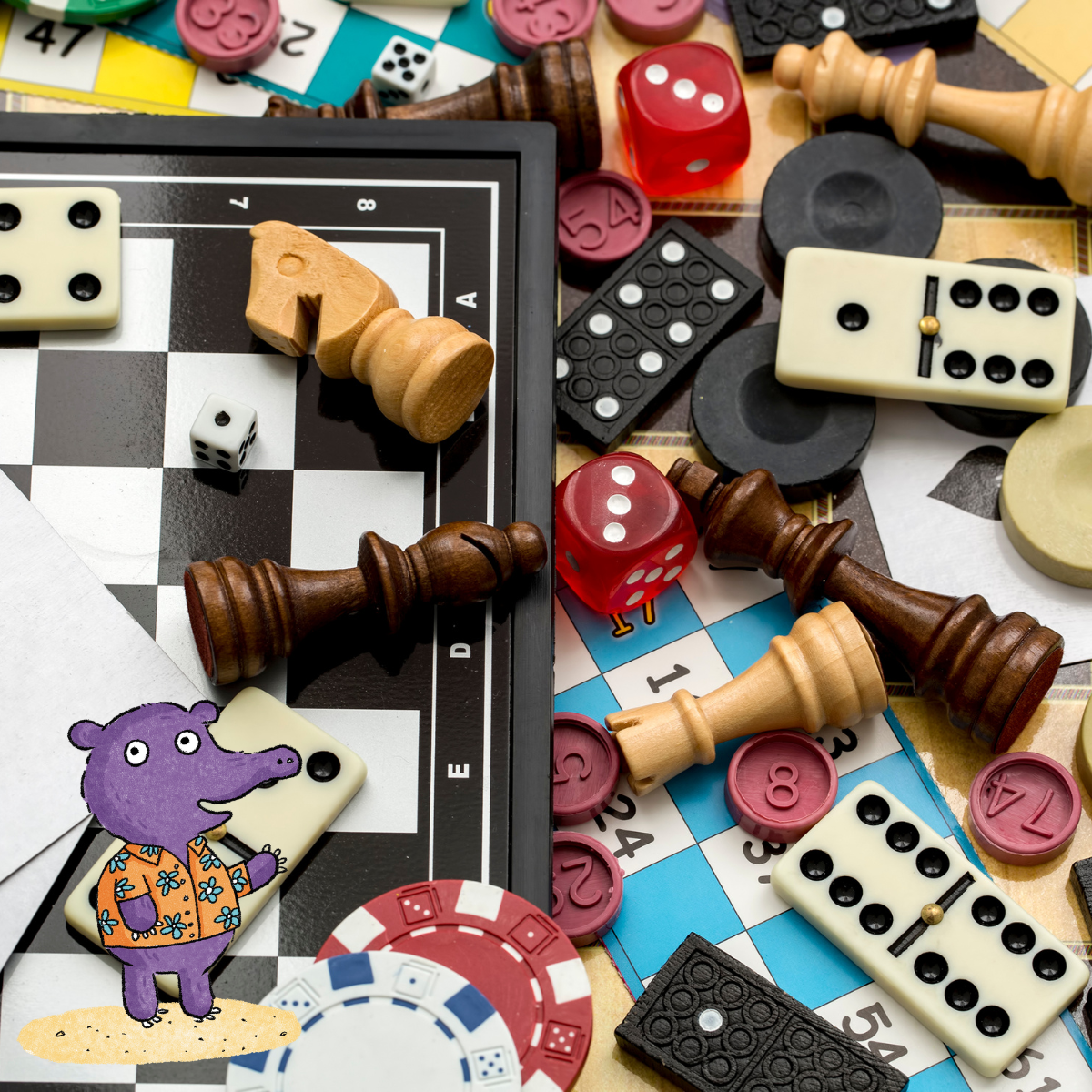 An assortment of board game pieces poured on a table.