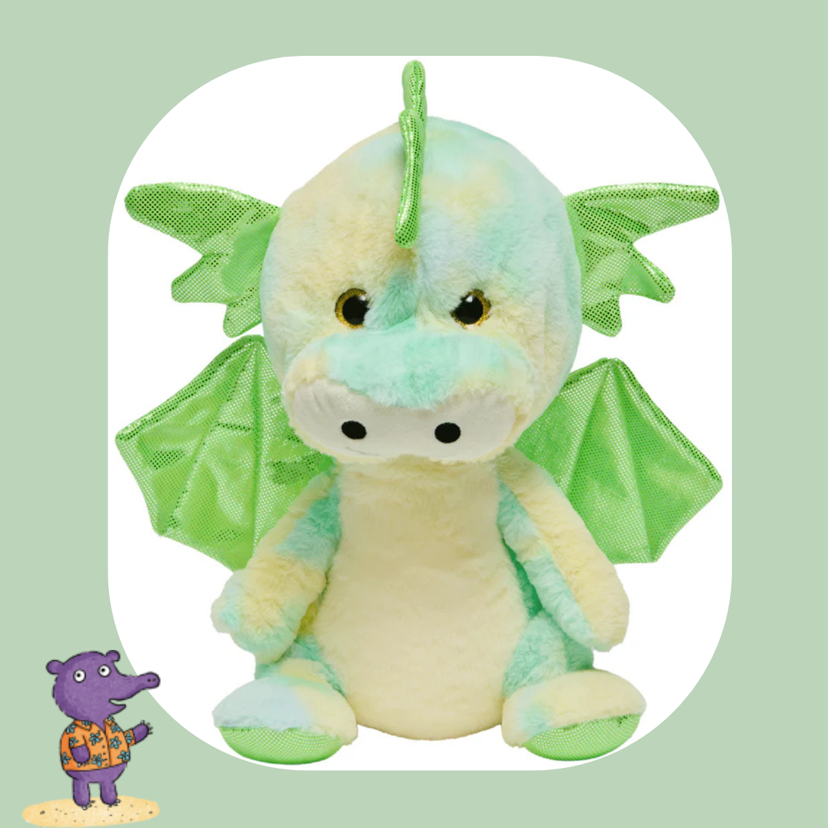 A green dragon stuffed animal.