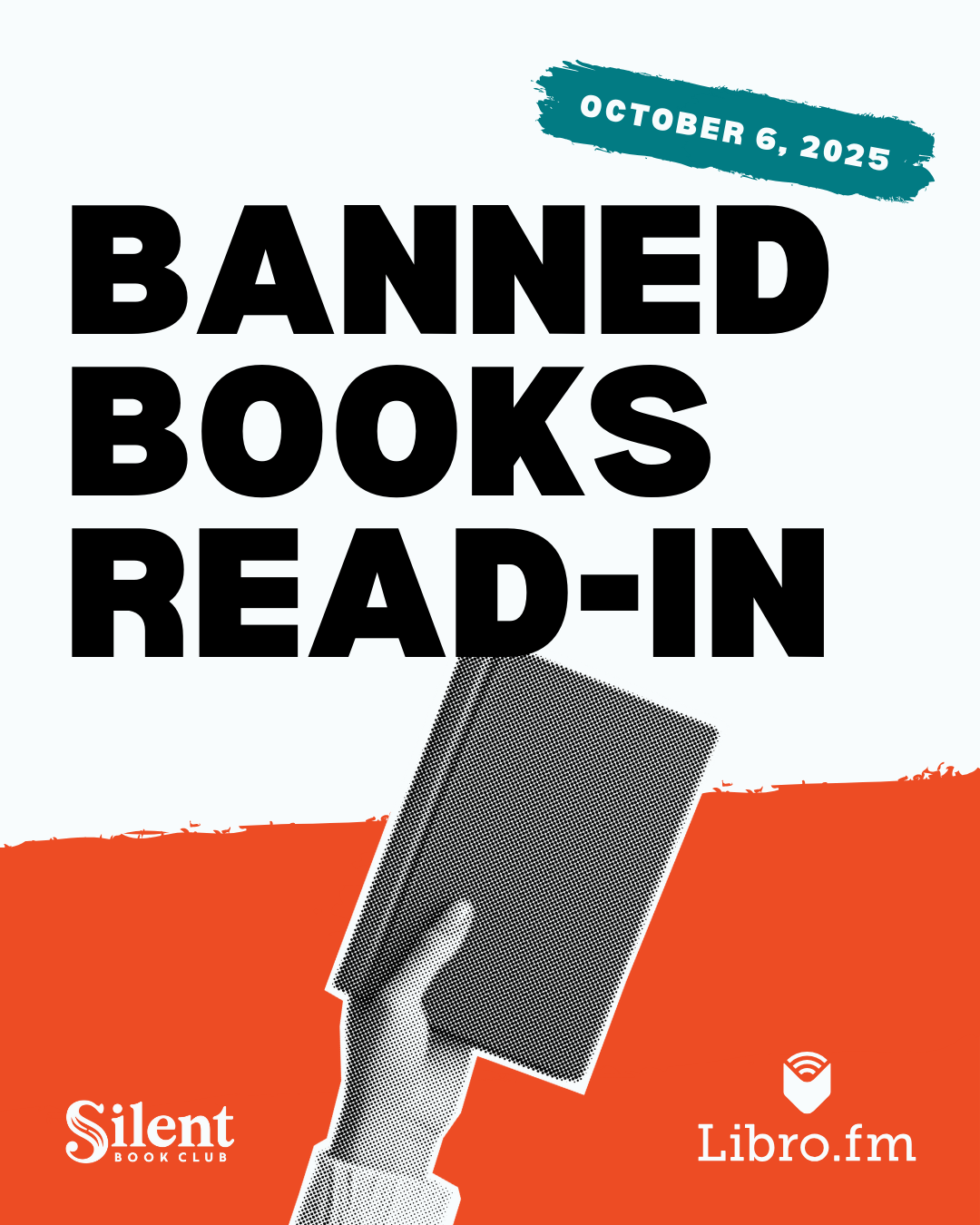 A hand holding a book. Text: Banned Books Read-In. October 6, 2025.