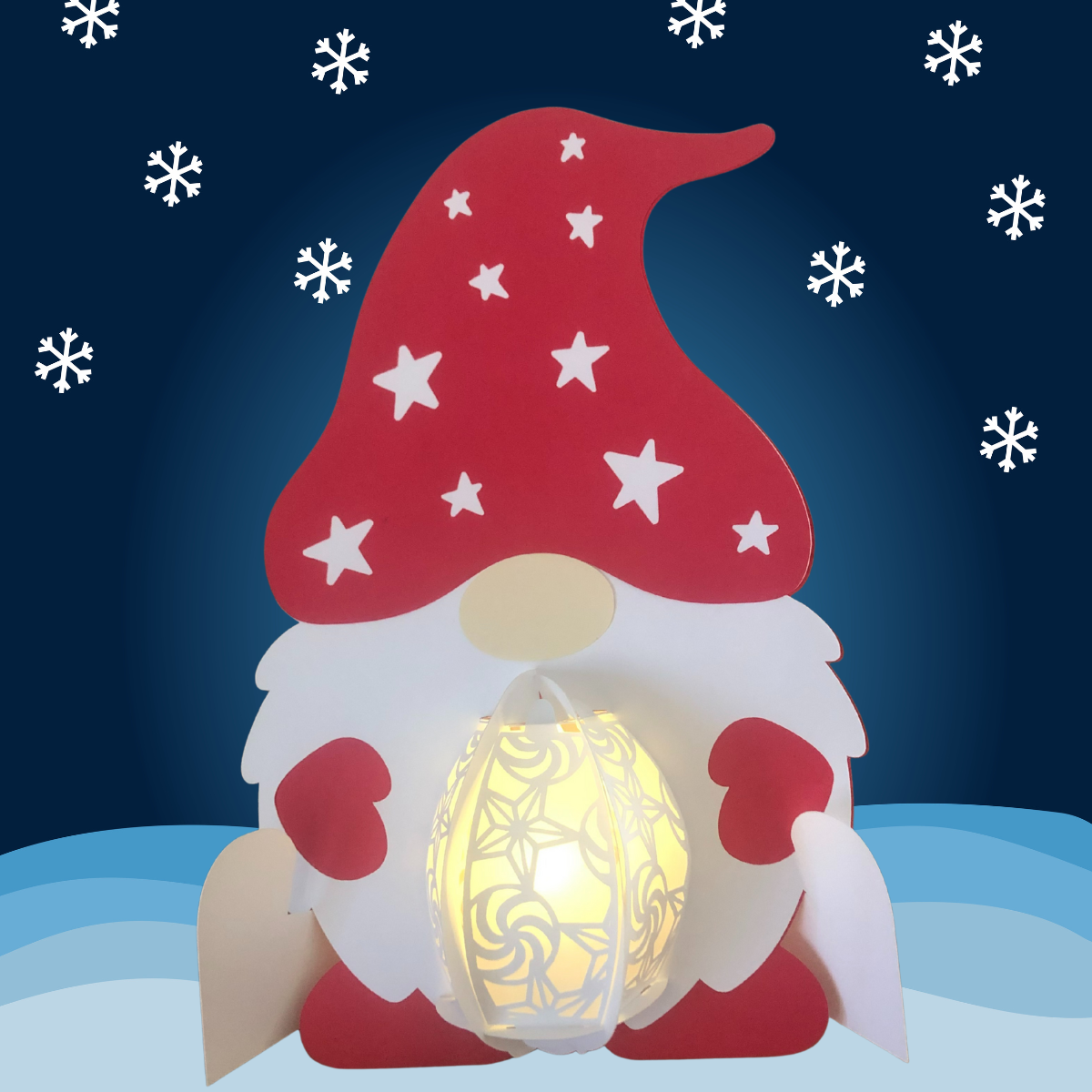 A gnome with a red hat and mittens holding a 3D lantern against a winter background