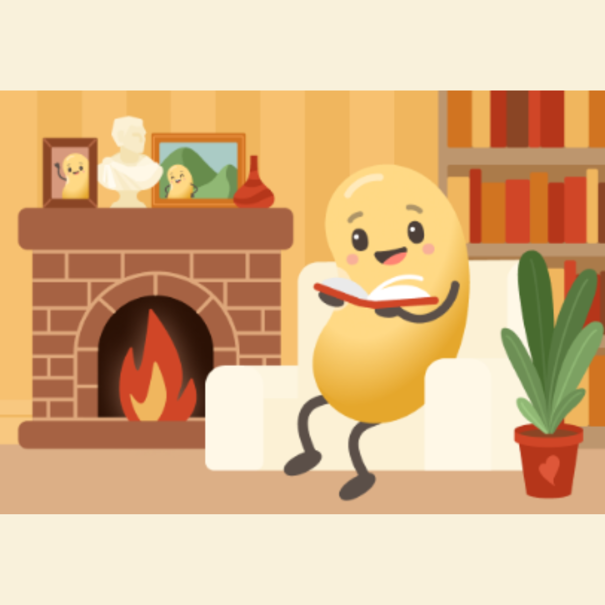 A picture of a bean sitting on a couch reading a book in front of a fireplace.