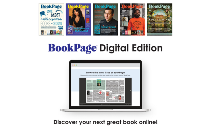 An array of archive editions of BookPage magazine covers and a graphic of BookPage magazine displayed on a computer monitor. Text: BookPage Digital Edition. Discover your next great book online!