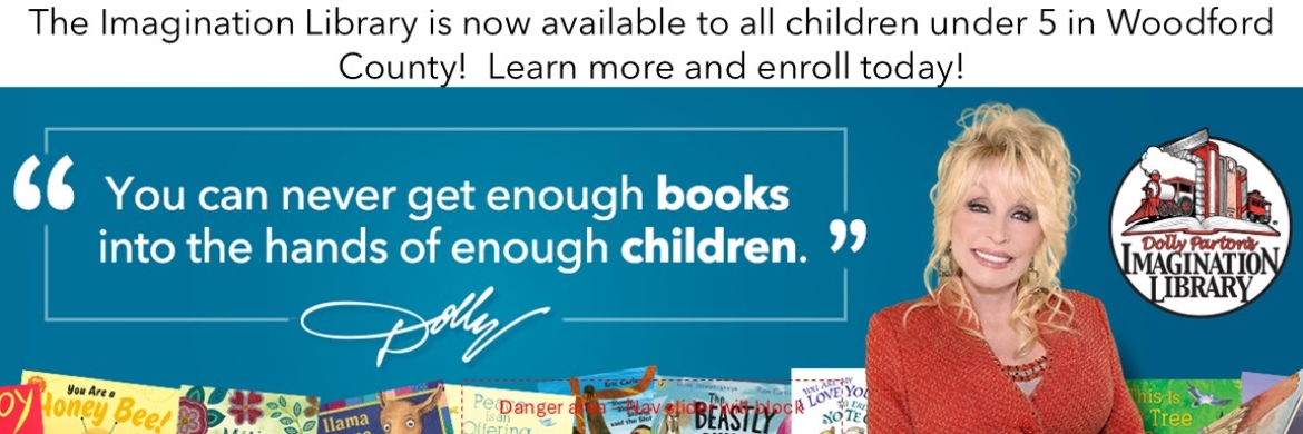 A photo of Dolly Parton next to the Imagination Library logo, with a quote, "You can never get enough books into the hands of enough children."